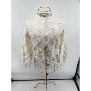 Maria Pavan Women’s White Faux Pearl Embellished Sweater Long Sleeve Size Small